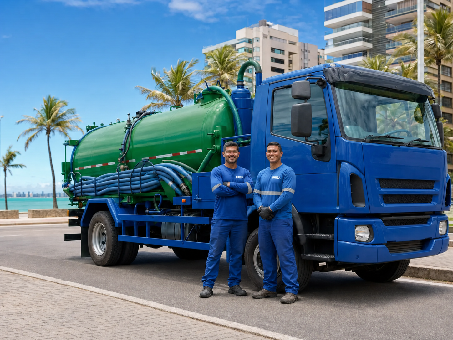 Caminhão limpa-fossa com tanque verde e carroceria azul em Maceió